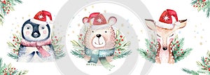 Watercolor cute baby bear, deer and penguin cartoon animal portrait design. Winter holiday card on white background. New