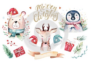 Watercolor cute baby bear, deer, raccoon and penguin cartoon animal portrait design. Winter holiday card on white