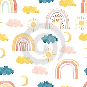 Watercolor cute baby boho rainbow seamless pattern with sun, clouds, moon phase. Childish nursery for kids