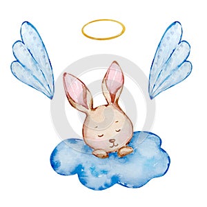 Watercolor cute baby bunny angel with wings