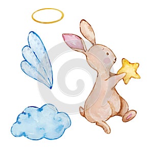 Watercolor cute baby bunny angel with wings