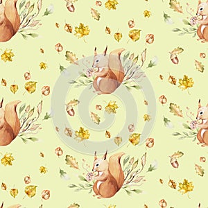 Watercolor Cute baby cartoon rabbit, mouse and bear animal seamless pattern, squirrel nursery isolated illustration for