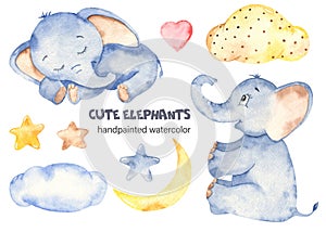 Watercolor cute baby elephants set with clouds, stars, crescent