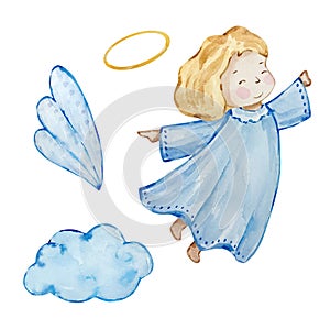 Watercolor cute baby girl angel with wings