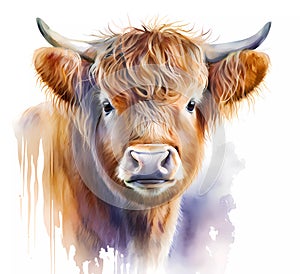 Watercolor cute baby highland cow painting. Realistic animal portrait illustration. Created with Generative AI technology