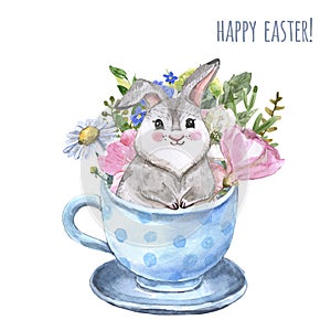 Watercolor cute baby rabbit in a tea cup and spring flowers, isolated on white background. cartoon bunny illustration