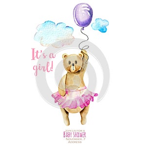 Watercolor cute bear ballet dancer holding air balloon, hand drawn on a white background