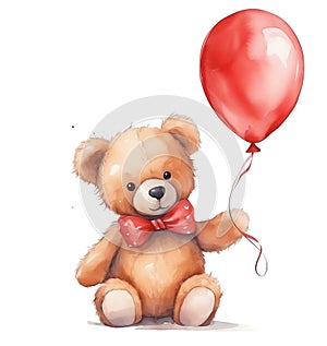 Watercolor cute bear with red shiny balloon isolated on white background