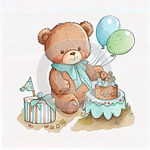 Watercolor cute birthday teddy bear.