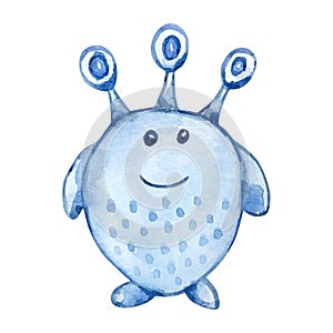 Watercolor cute blue alien, space