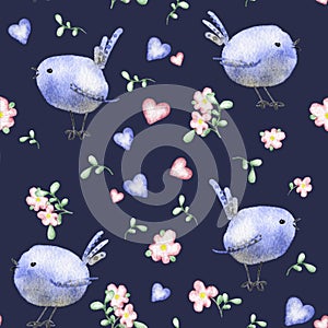 Watercolor Cute Blue Birds Flowers Seamless Pattern