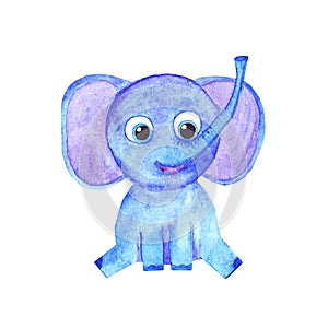 Watercolor cute blue elephant isolated on white background. kids baby
