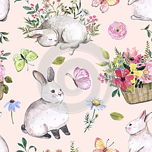 Watercolor cute bunnies seamless pattern.Hand drawn baby rabbits, spring flowers, leaf, bouquet on pastel pink background.