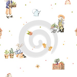 Watercolor cute bunnies seamless pattern. Gardeners with boxes and vegetables. Baby bunny background. Harvest. Garden, plants.