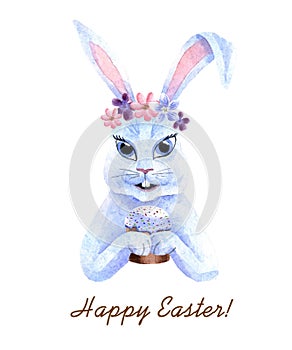 Watercolor cute bunny with flowers and Easter cake isolated on a white background