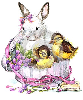 Watercolor cute bunny and little bird, gift and flowers background