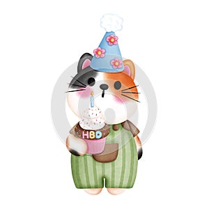 Watercolor cute calico cat with birthday cupcake illustration. Birthday party decoration