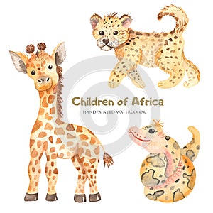 Watercolor cute cartoon African animals.
