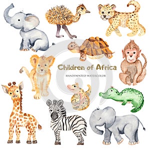 Watercolor cute cartoon African animals.