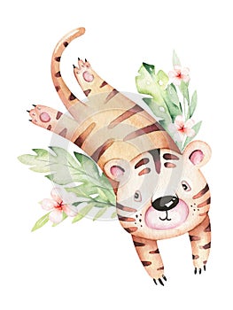 Watercolor cute cartoon baby tiger animal illustration.Safari zoo character isolated on white background. Hand painted