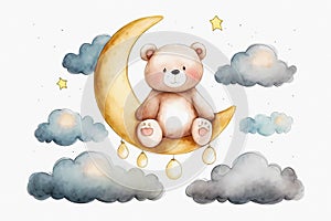 Watercolor cute cartoon bear on the moon. Generative ai