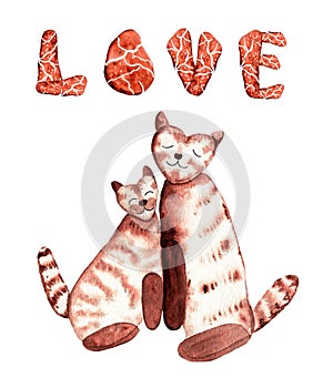 Watercolor cute cartoon brown cats as symbols of love