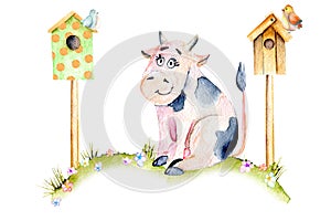 Watercolor cute cartoon cow sitting on a meadow near the bird houses, small birds and simple flowers