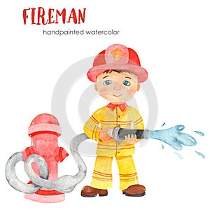 Watercolor cute cartoon firefighter boy and fire hose