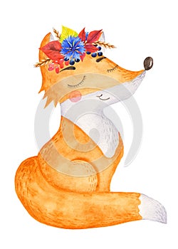 Watercolor cute cartoon fox with a wreath of wheat, leaves and ears.