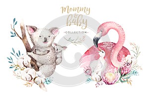 Watercolor cute cartoon illustration with cute mommy flamingo and baby, flower leaves. koala Mother and baby