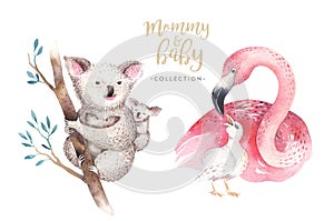 Watercolor cute cartoon illustration with cute mommy flamingo and baby, flower leaves. koala Mother and baby