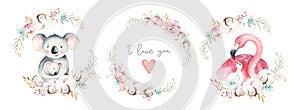 Watercolor cute cartoon illustration with cute mommy flamingo and baby, flower leaves. Mother and baby illustration bird