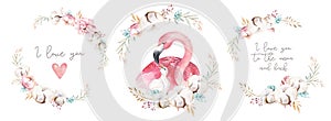 Watercolor cute cartoon illustration with cute mommy flamingo and baby, flower leaves. Mother and baby illustration bird