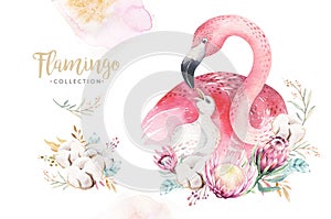 Watercolor cute cartoon illustration with cute mommy flamingo and baby, flower leaves. Mother and baby illustration bird