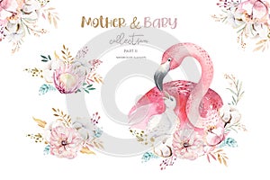 Watercolor cute cartoon illustration with cute mommy flamingo and baby, flower leaves. Mother and baby illustration bird