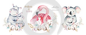 Watercolor cute cartoon illustration with cute mommy flamingo and baby, flower leaves. Mother hippo and baby