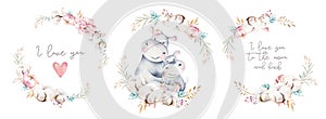 Watercolor cute cartoon illustration with cute mommy hippo and baby, flower leaves wreath. Mother and baby illustration