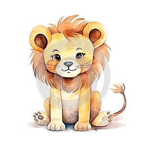 Watercolor cute cartoon lion isolated on white background