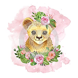 Watercolor cute cartoon lion and tropical floral bouquet. Hand painted exotic african animal illustration, green leaves flowers
