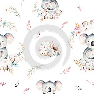 Watercolor cute cartoon little baby and mom koala with floral wreath seamless pattern. tropical fabric background