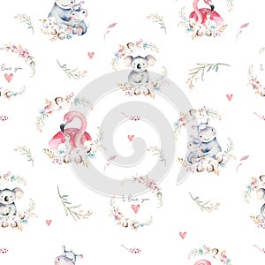 Watercolor cute cartoon little baby and mom koala, hippo, flamingo with floral wreath seamless pattern. tropical fabric