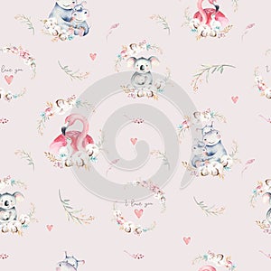 Watercolor cute cartoon little baby and mom koala, hippo, flamingo with floral wreath seamless pattern. tropical fabric