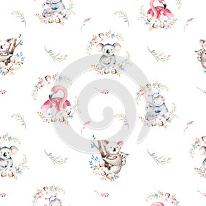 Watercolor cute cartoon little baby and mom koala, hippo, flamingo with floral wreath seamless pattern. tropical fabric