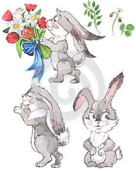 Watercolor cute cartoon rabbits bunny, in the flower garden character warm and satisfied, happy pattern by hand draw