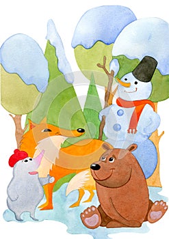 Watercolor cute cartoon snowman in the company of a fox, a mole and a bear on a background of winter trees.