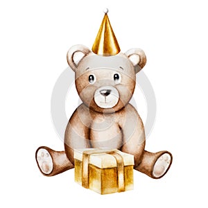 Watercolor cute cartoon teddy bear with golden birthday, holiday cap and gift box. Hand drawn baby illustration isolated