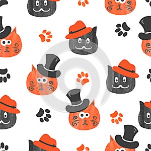 Watercolor cute cats seamless pattern in black and orange.