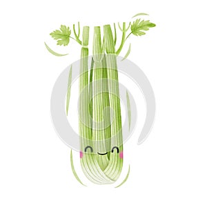 Watercolor cute celery cartoon character. Vector illustration