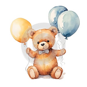 Watercolor cute childish bear with balloons isolated on white background