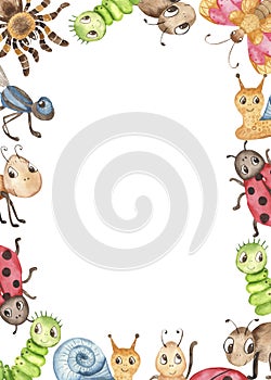 Watercolor cute childish cartoon illustration with insects.